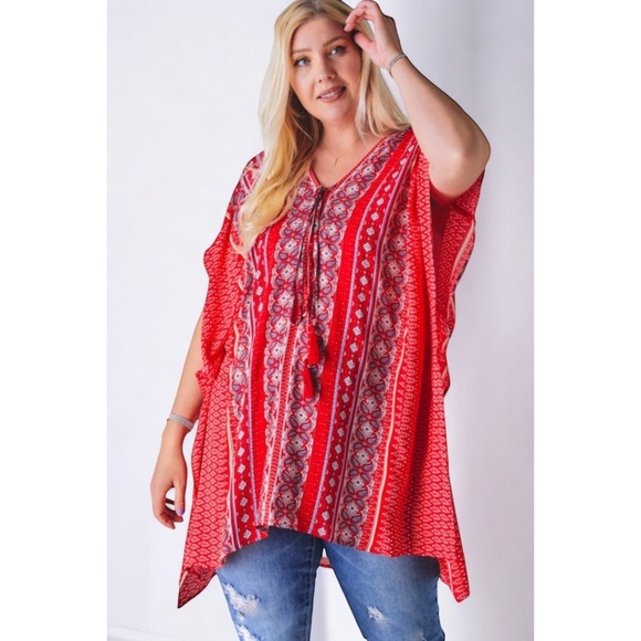 DAVI & DANI Tops - DAVI & DANI Red Boho Print V Neck Short Sleeve Tunic Top